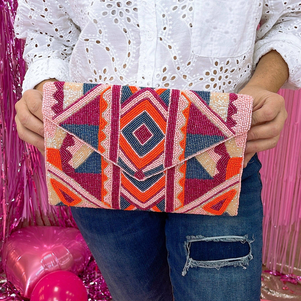 Treasure Jewels - Beaded Bag handtas clutch Geo Pink