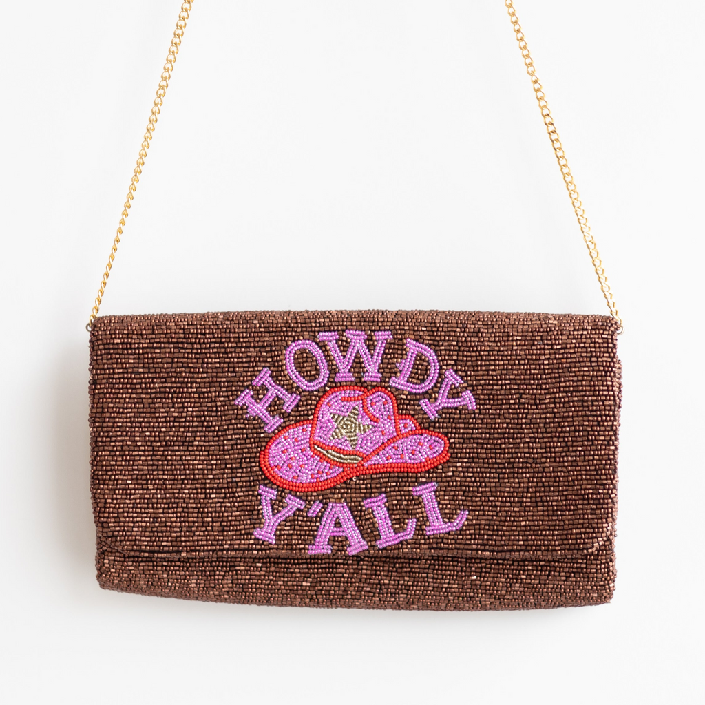 Pria Handmade - Beaded Bag schoudertas clutch Howdy Y'all bruin/ roze