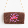 Pria Handmade - Beaded Bag schoudertas clutch Howdy Y'all bruin/ roze