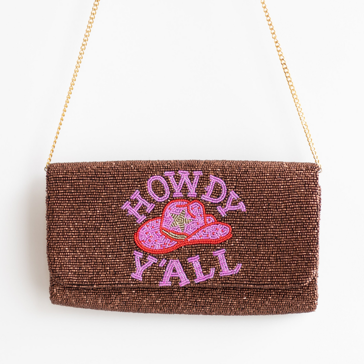 Pria Handmade - Beaded Bag schoudertas clutch Howdy Y'all bruin/ roze