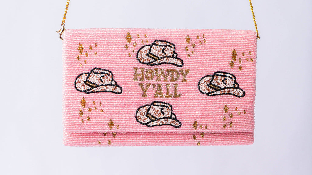 Pria Handmade - Beaded Bag schoudertas clutch Howdy Y'all lichtroze