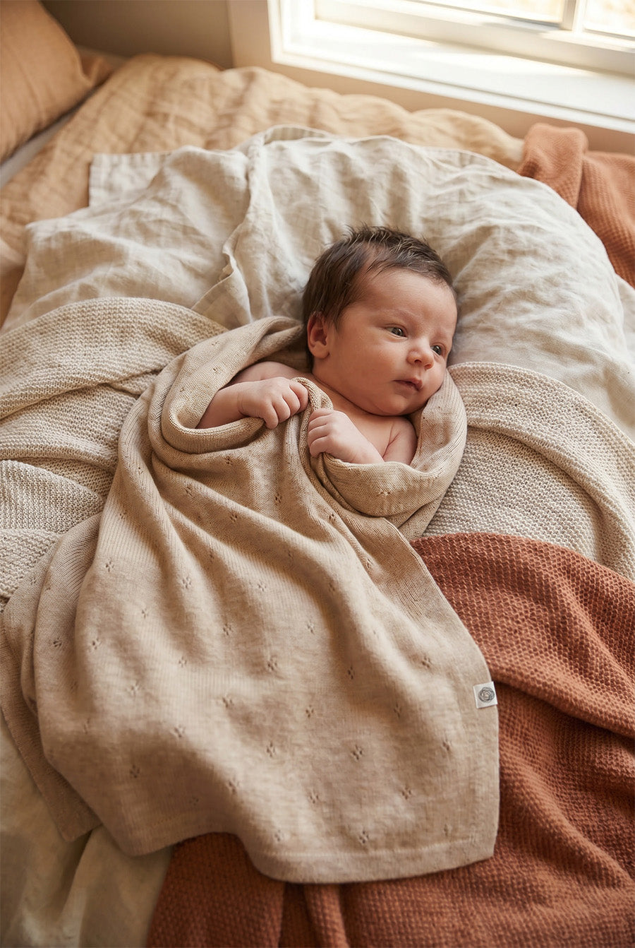 Wollen baby- en wikkeldeken – pointelle gebreid – merinowol – Garlic