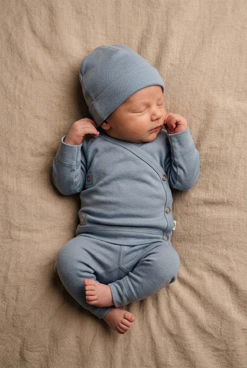Baby wollen overslagtrui – merinowol – Blue Fog